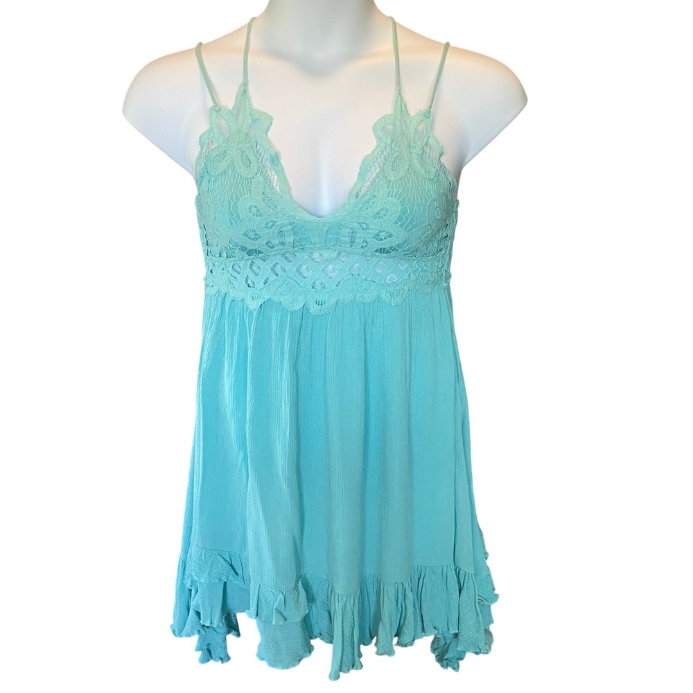 Womens Y2K Fairy Babydoll Crochet Lace Mini Dress Size L Ruffle Etherial Aqua